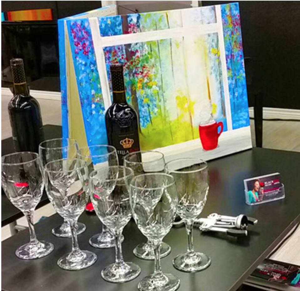 wine, wine glasses and painted canvas