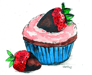 Cupcake and strawberries pen and ink drawing
