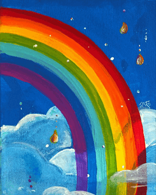 Rainbow in cloud sky with rain drops